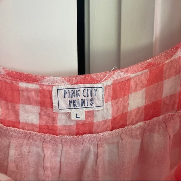 PINK CITY PRINTS Apricot Gingham Acapulco Dress tie shoulder midi tiered - Picture 5 of 6